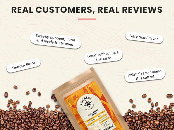 A coffee bag surrounded by coffee beans with customer review quotes praising its flavor and quality, against a beige background with "REAL CUSTOMERS, REAL REVIEWS" text at the top.