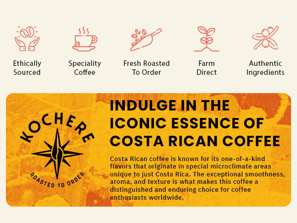 Promotional graphic for Kochere coffee highlights ethically sourced, specialty Costa Rican coffee with fresh roasting, farm-direct trade, and authentic ingredients.