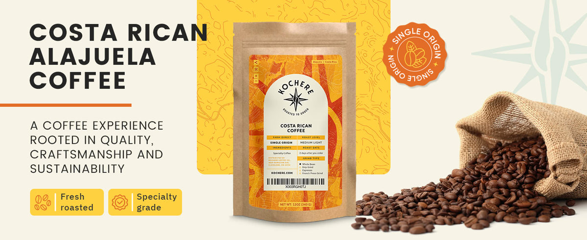 A bag of Costa Rican Alajuela coffee stands next to a burlap sack spilling roasted coffee beans; labels indicate single origin, fresh roasted, and specialty grade.