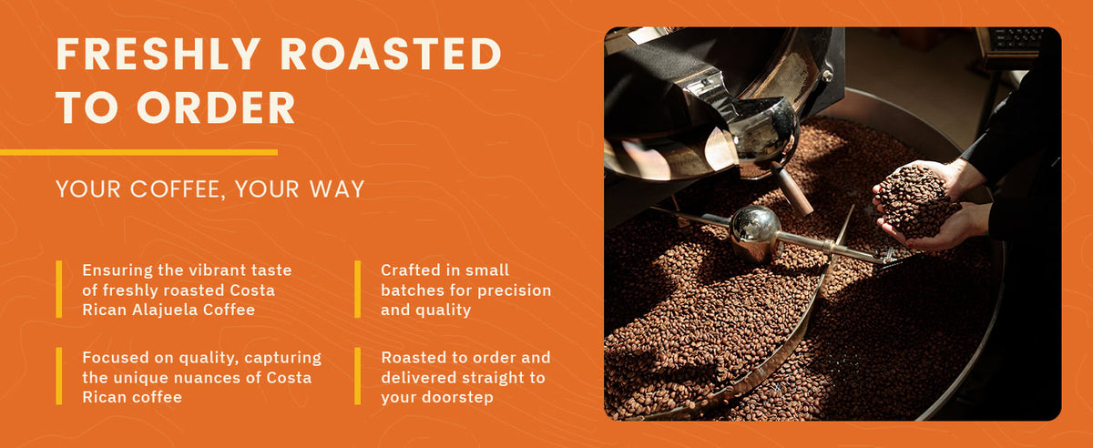 A person uses a metal scoop to stir coffee beans roasting in a large machine; text highlights fresh, small-batch Costa Rican coffee, quality focus, and direct delivery.