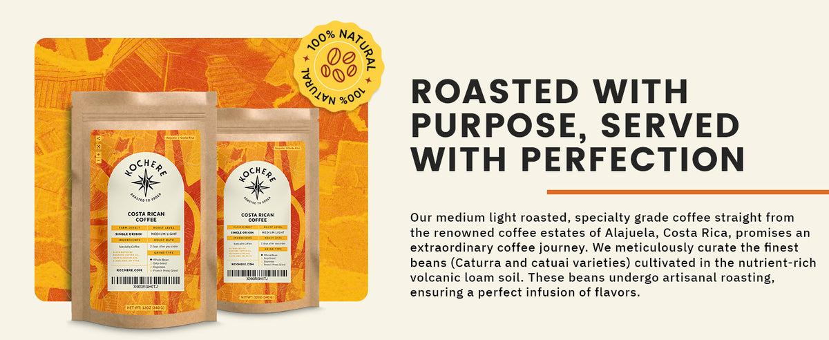 Two bags of Hochevar Costa Rican coffee displayed beside text describing their artisanal roasting process and emphasis on high-quality, naturally sourced beans.