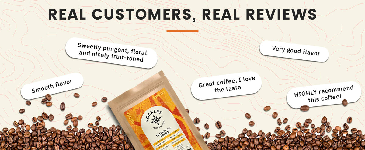 A coffee bag surrounded by coffee beans with customer review quotes praising its flavor and quality, against a beige background with "REAL CUSTOMERS, REAL REVIEWS" text at the top.