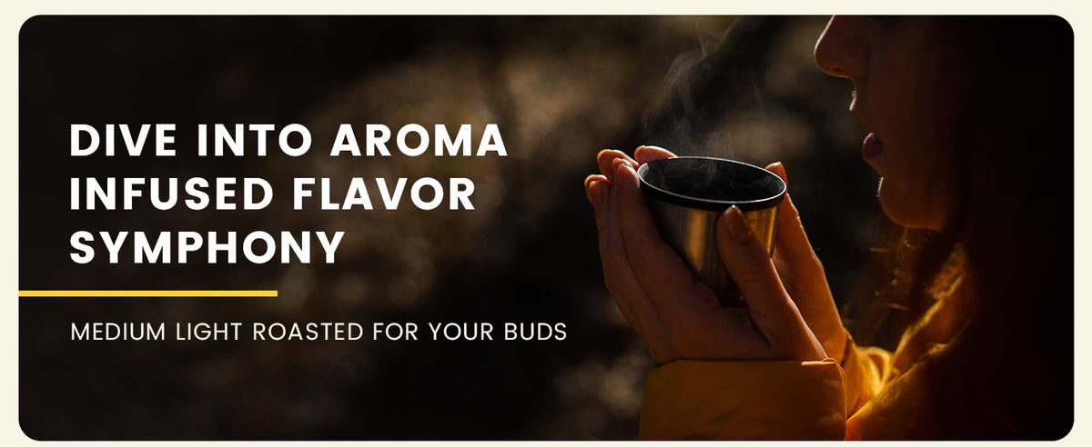 A person in a yellow jacket holds a steaming cup near their face with text promoting medium light roasted coffee and its aromatic flavor.