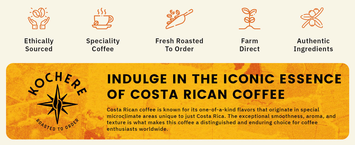 Promotional graphic for Kochere coffee highlights ethically sourced, specialty Costa Rican coffee with fresh roasting, farm-direct trade, and authentic ingredients.