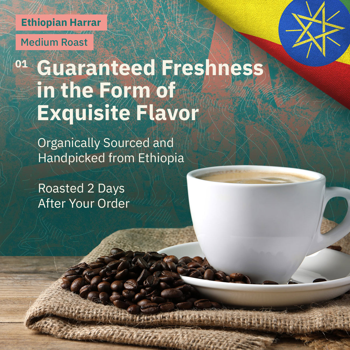 A cup of coffee on a saucer sits beside organic beans, with the Ethiopian flag behind and text highlighting Kochere Coffee Company's Ethiopian Harrar Natural Medium Roast—featuring fruity, berry, and dark chocolate notes.[all]