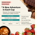 Infographic featuring Kochere Coffee Ethiopian Harrar Natural Medium Roast by Kochere Coffee Company, with fruity, berry, and dark chocolate notes, highlighting its bold taste and unique sweet aroma from organic beans.[all]