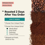 Image of Kochere Coffee Ethiopian Harrar Natural Medium Roast beans and grounds. Pick your flavor and grind; this organic, single origin coffee by Kochere Coffee Company is roasted 2 days after you order, then shipped fresh to you. Fruity, berry, dark chocolate notes.[all]