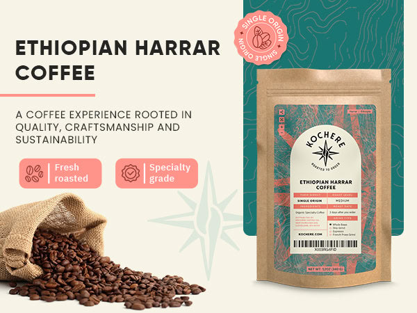 A bag of Ethiopian Harrar coffee stands upright beside a burlap sack spilling coffee beans, with text highlighting its quality, freshness, and single origin.