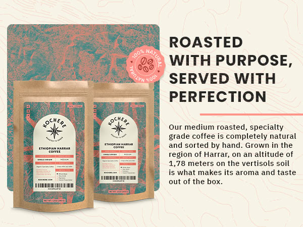 Two bags of Kochere Ethiopian Harrar coffee displayed in front of a patterned background, with text highlighting the coffee's natural origin and unique flavor profile.