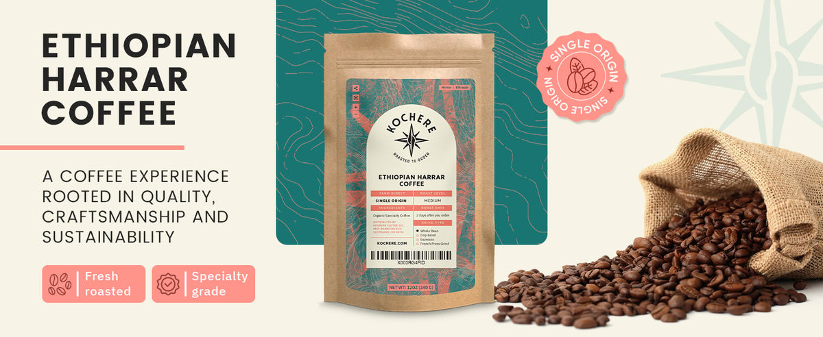 A bag of Ethiopian Harrar coffee stands upright beside a burlap sack spilling coffee beans, with text highlighting its quality, freshness, and single origin.