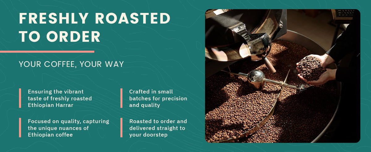A person uses a tool to stir coffee beans in a large roasting machine, with text describing the benefits of freshly roasted Ethiopian coffee.