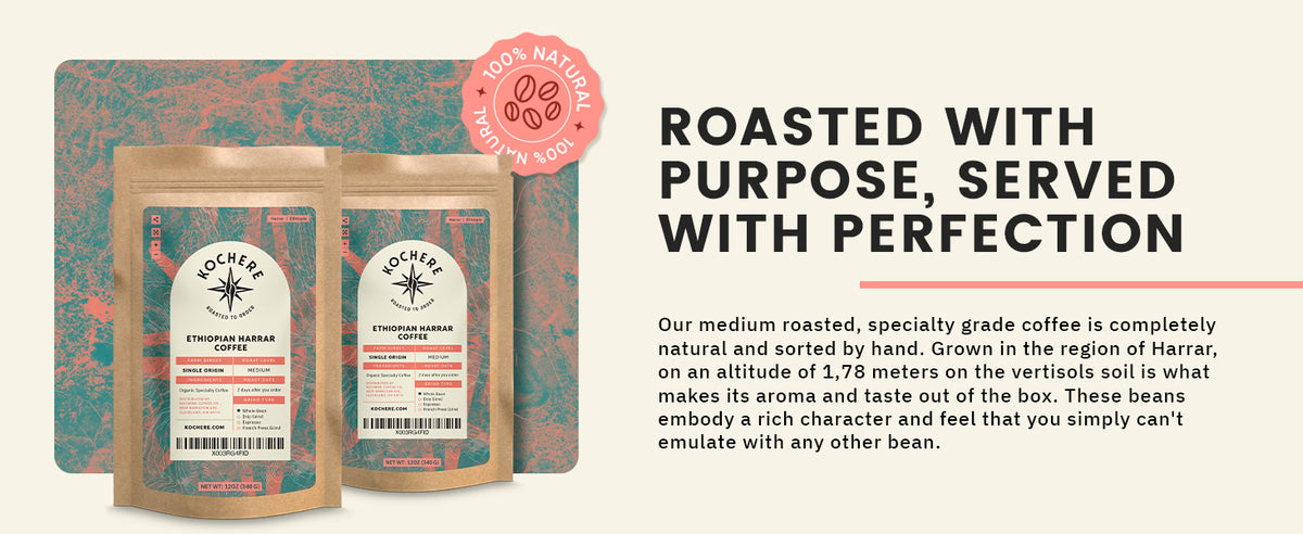 Two bags of Kochere Ethiopian Harrar coffee displayed in front of a patterned background, with text highlighting the coffee's natural origin and unique flavor profile.