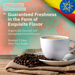 Ad for Ethiopian Sidamo Medium Light Roast graphic reading 'Guaranteed Freshness in the Form of Exquisite Flavor,' accompanied by a cup of coffee and whole beans. [all]