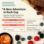 Ad for Ethiopian Sidamo Medium Light Roast graphic reading 'Guaranteed Freshness in the Form of Exquisite Flavor,' accompanied by a cup of coffee and whole beans. [all]