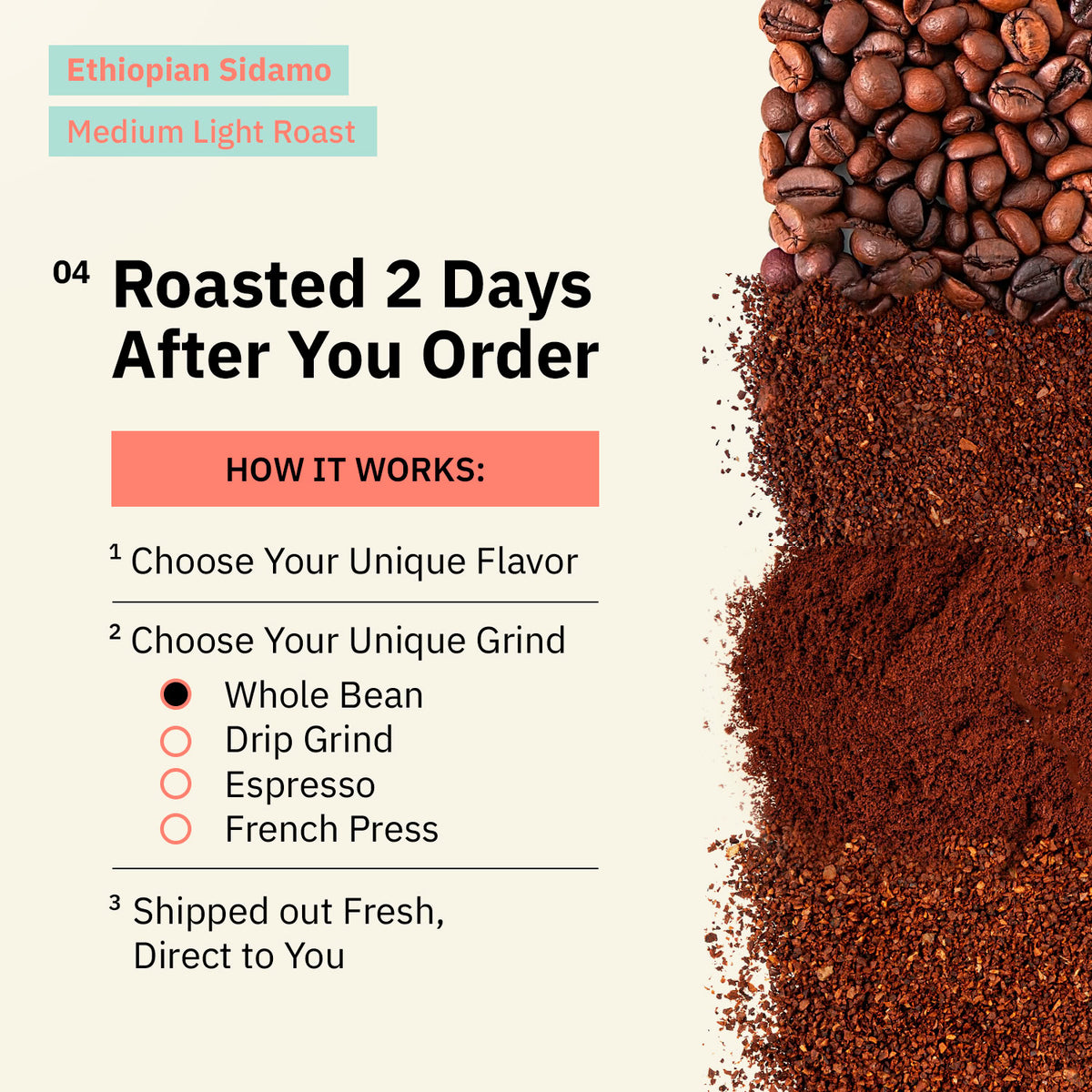 Ad for Ethiopian Sidamo Medium Light Roast graphic reading 'Guaranteed Freshness in the Form of Exquisite Flavor,' accompanied by a cup of coffee and whole beans. [all]