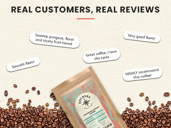 A bag of Kocere coffee surrounded by coffee beans, with customer review quotes praising its flavor and taste displayed around it.