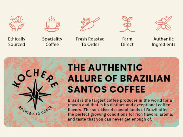 Promotional banner for Kochere coffee highlighting ethical sourcing, specialty coffee, fresh roasting, farm direct, and authentic ingredients, with text about Sidamo's unique flavor and aroma.