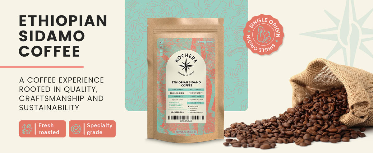 A bag of Kochere Ethiopian Sidamo coffee stands upright next to a burlap sack spilling coffee beans, with text highlighting its quality, origin, and sustainability.