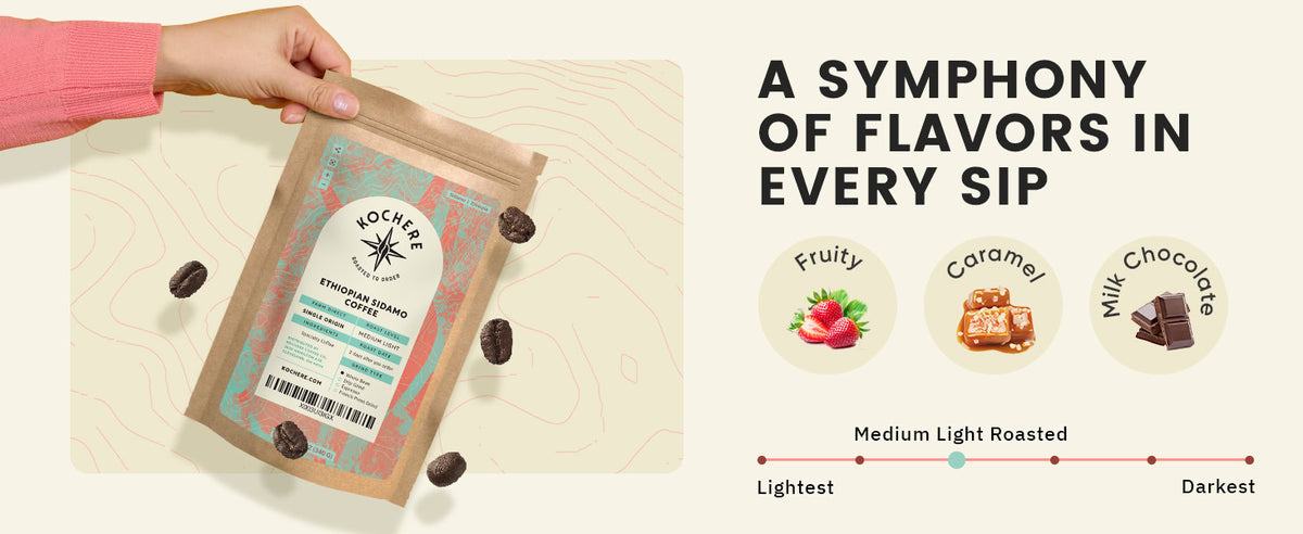A hand holds a bag of Nochee coffee with coffee beans floating nearby; flavor notes highlighted include fruity, caramel, and milk chocolate; roast level is medium light.