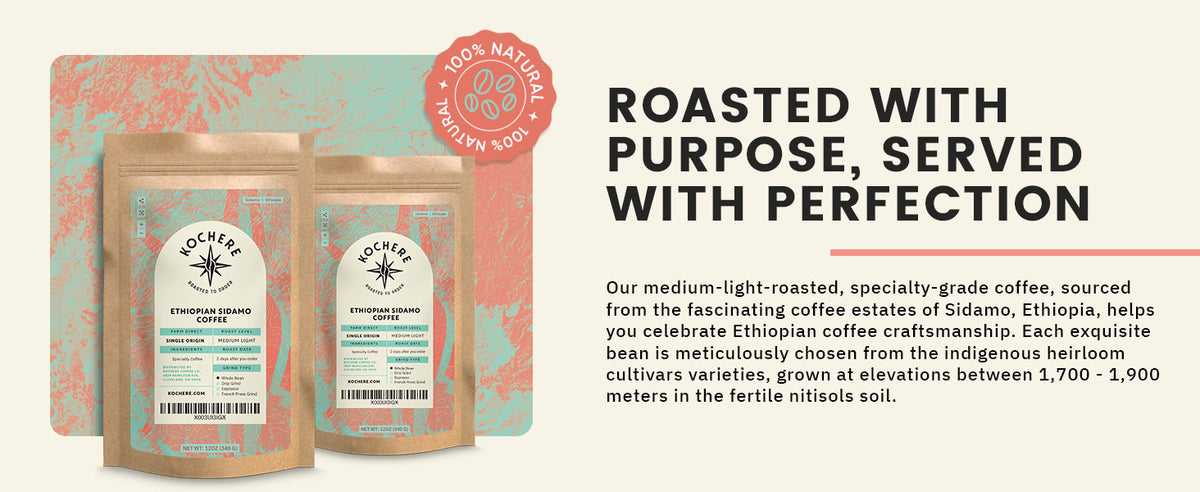 Two coffee bags labeled "Mochera Ethiopian Sidamo Coffee" are displayed beside text describing the coffee’s origin, featuring a "100% Natural" badge at the top left.