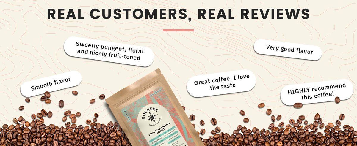 A bag of Kocere coffee surrounded by coffee beans, with customer review quotes praising its flavor and taste displayed around it.