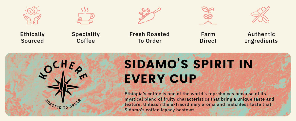 Promotional banner for Kochere coffee highlighting ethical sourcing, specialty coffee, fresh roasting, farm direct, and authentic ingredients, with text about Sidamo's unique flavor and aroma.