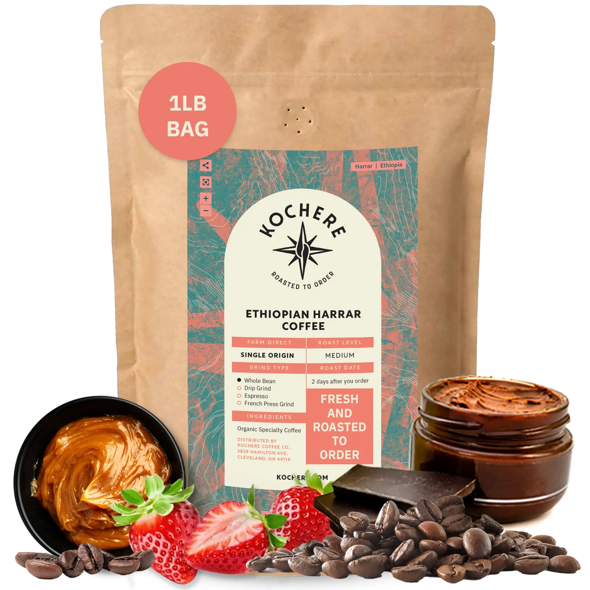 A 1lb bag of Kochere Coffee Company’s Ethiopian Harrar Natural Medium Roast is shown with coffee beans, strawberries, chocolate, nut butter swirls, and a cup of brewed coffee highlighting its fruity, berry, and dark chocolate notes.[1LB][Whole Bean]