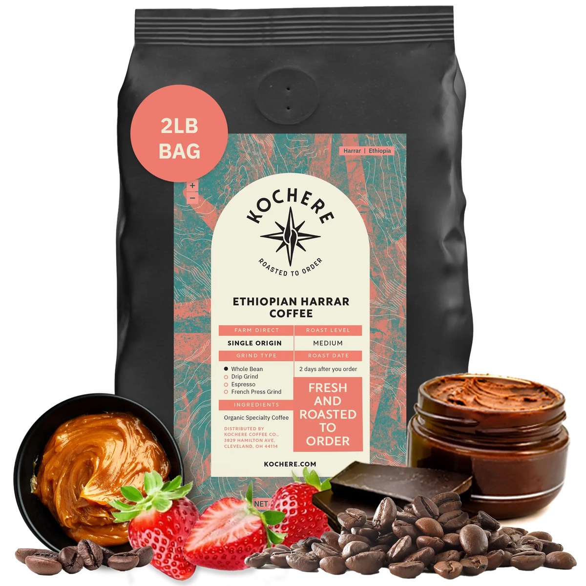 A 2lb bag of Kochere Coffee Company's Ethiopian Harrar Natural Medium Roast features notes of fruit, berries, and dark chocolate. The label highlights its single origin and freshly roasted quality, displayed with strawberries, chocolate, beans, and caramel.[2LB][Whole Bean]