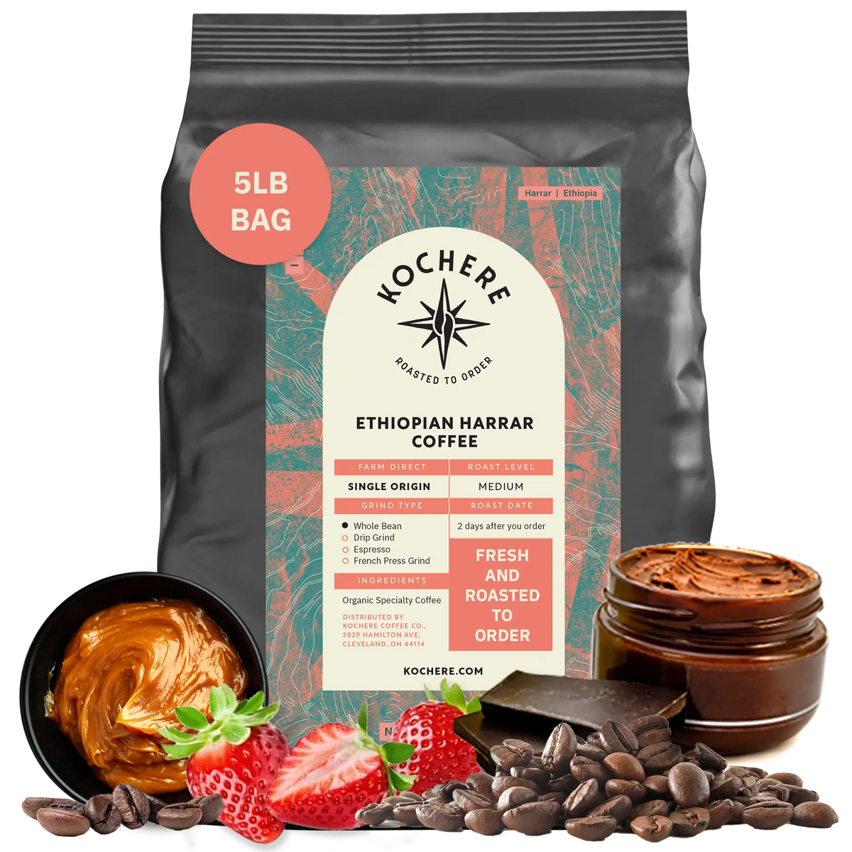 A 5-pound bag of Kochere Coffee Company’s Ethiopian Harrar Natural Medium Roast, featuring fruity, berry, and dark chocolate notes, is pictured among chocolate, strawberries, coffee beans, and nut butter with product details on the label.[5LB][Whole Bean]
