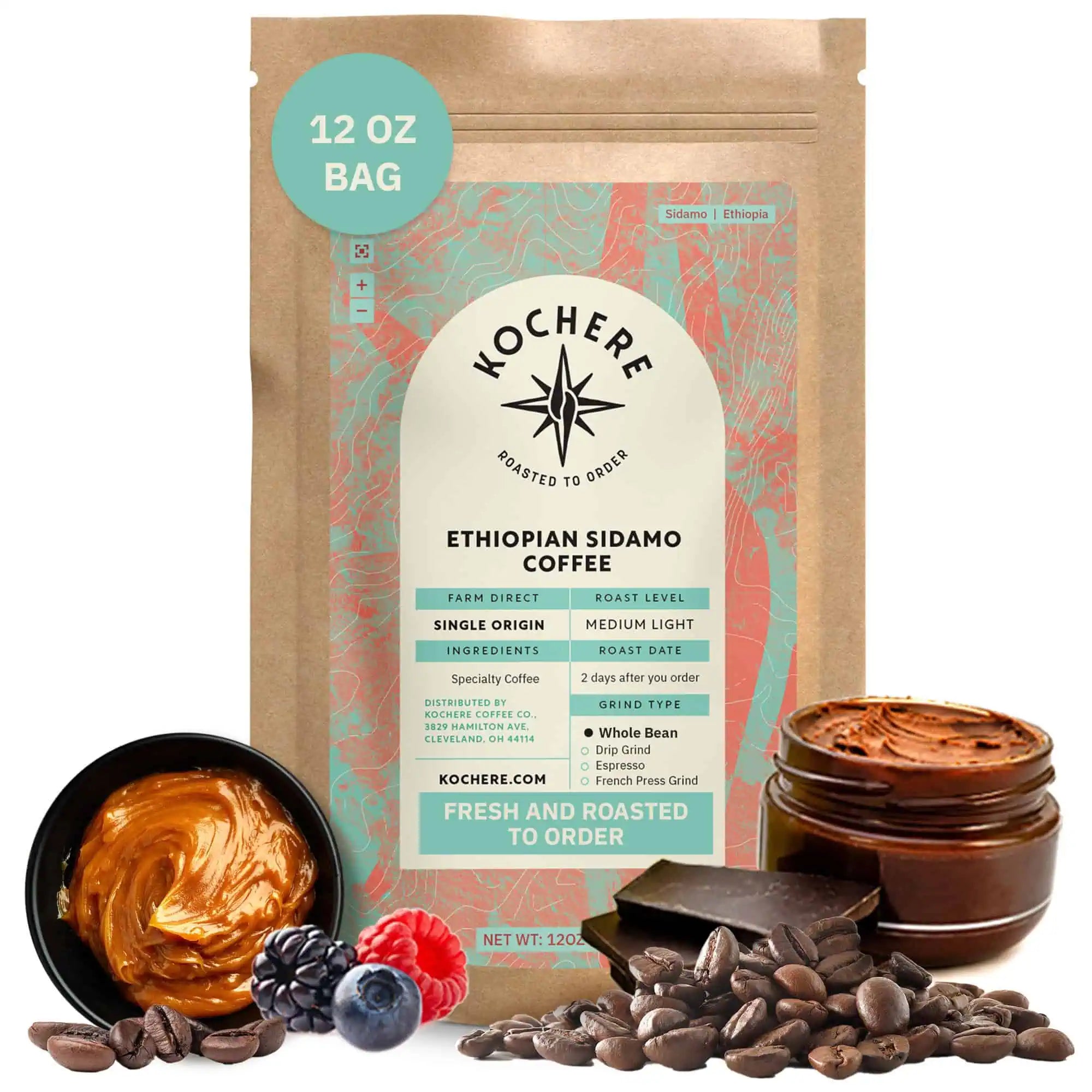 Bag of Kochere Single Origin Ethiopian Sidamo medium-light roast coffee, displayed with rich caramel, fresh berries, and dark chocolate to represent its decadent flavor profile. [12 oz][Whole Bean]