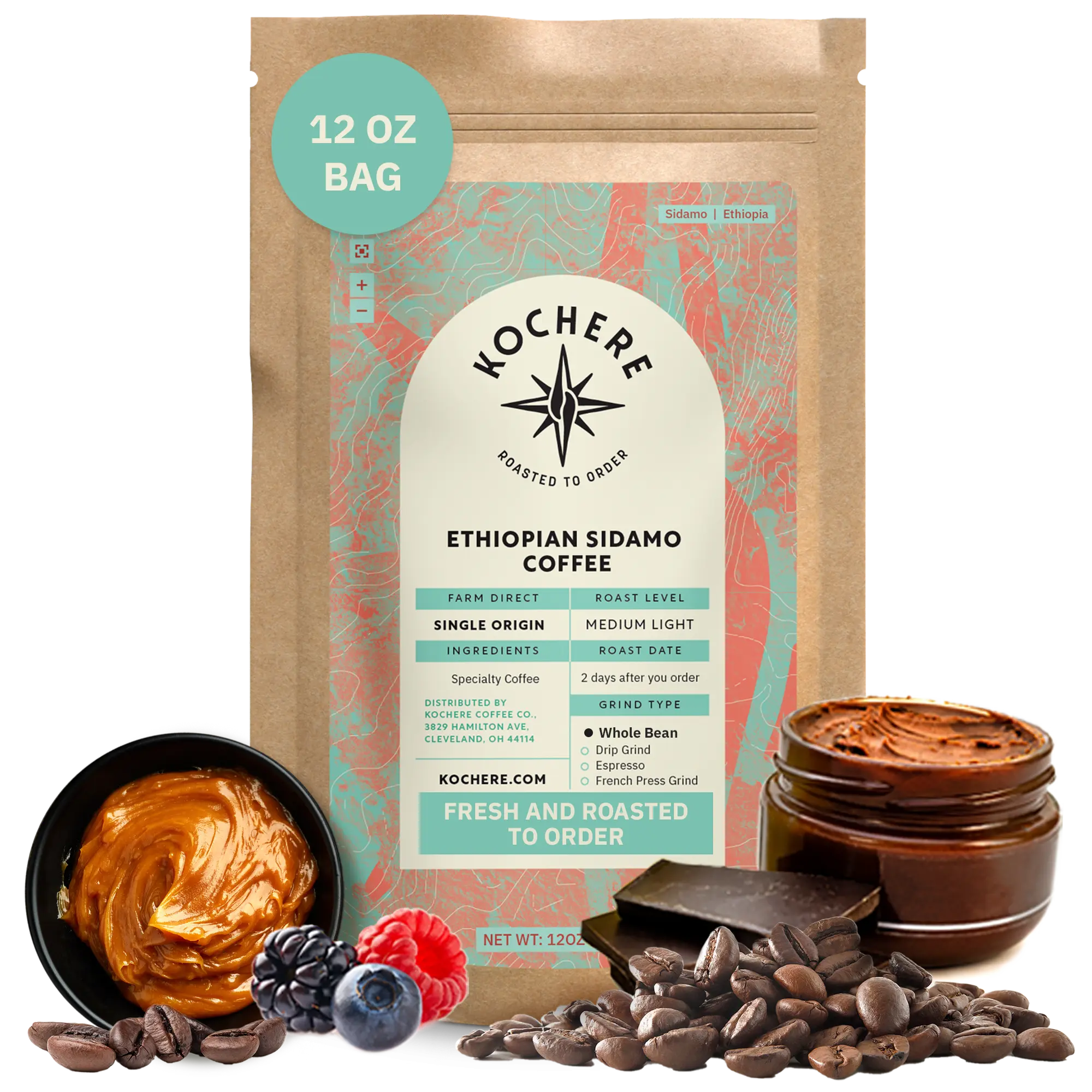 Bag of Kochere Single Origin Ethiopian Sidamo medium-light roast coffee, displayed with rich caramel, fresh berries, and dark chocolate to represent its decadent flavor profile. [12 oz][Whole Bean]