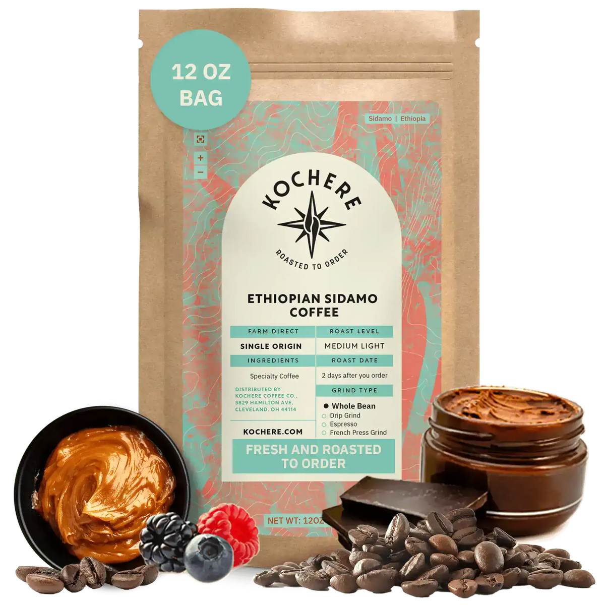 Bag of Kochere Single Origin Ethiopian Sidamo medium-light roast coffee, displayed with rich caramel, fresh berries, and dark chocolate to represent its decadent flavor profile. [12 oz][Whole Bean]