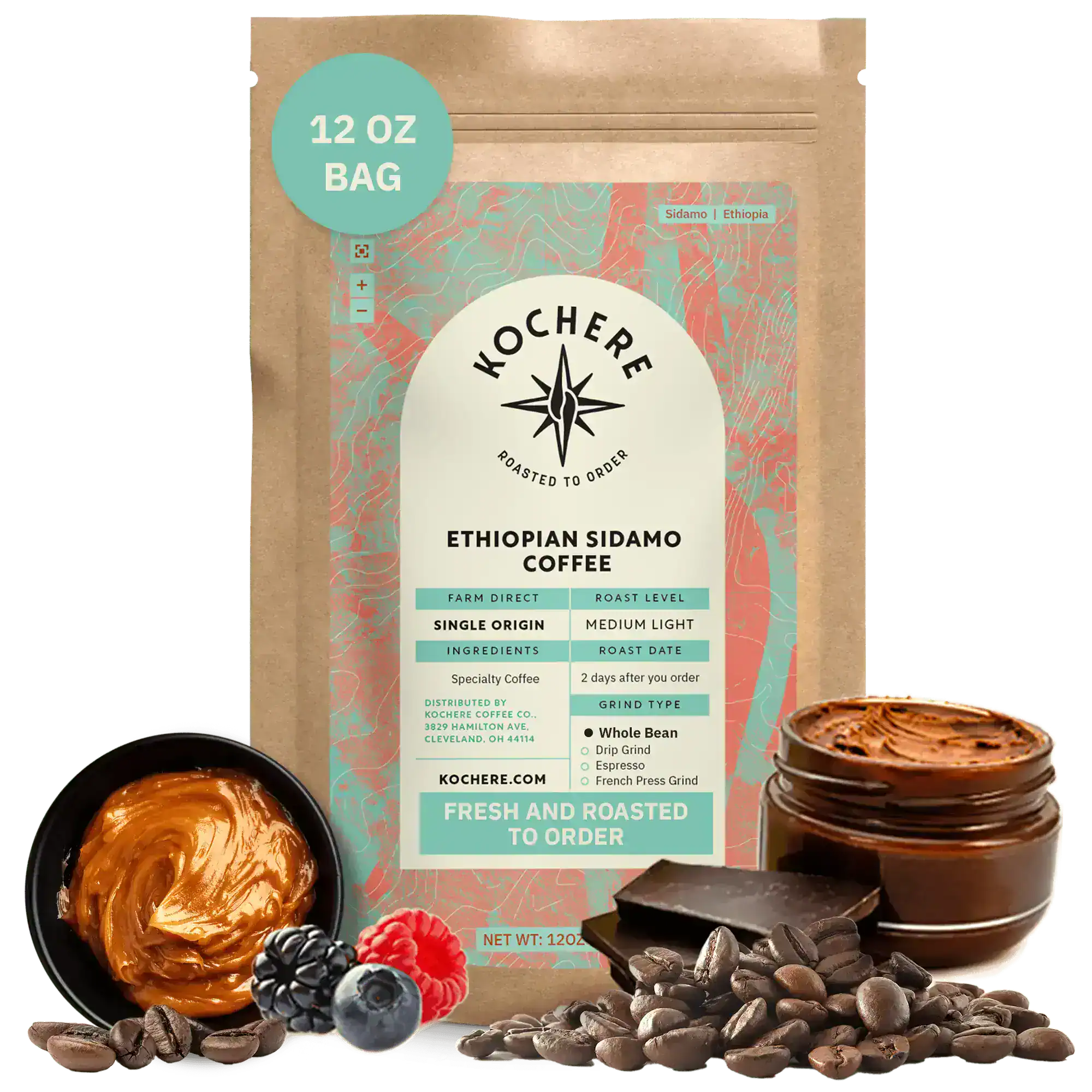Bag of Kochere Single Origin Ethiopian Sidamo medium-light roast coffee, displayed with rich caramel, fresh berries, and dark chocolate to represent its decadent flavor profile. [12 oz][Whole Bean]