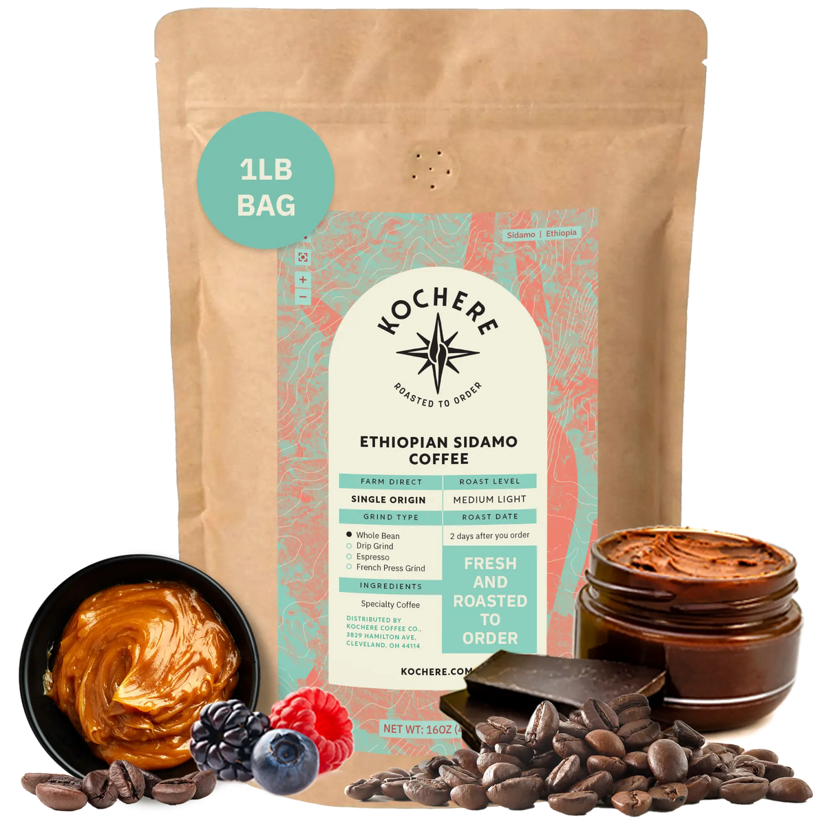 Bag of Kochere Single Origin Ethiopian Sidamo medium-light roast coffee, displayed with rich caramel, fresh berries, and dark chocolate to represent its decadent flavor profile. [1LB][Whole Bean]