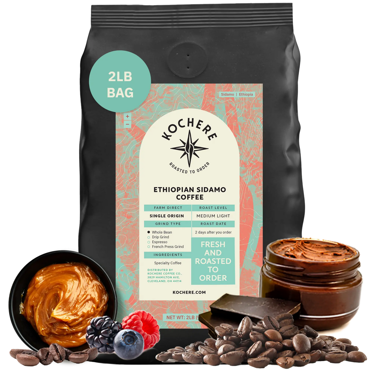 Bag of Kochere Single Origin Ethiopian Sidamo medium-light roast coffee, displayed with rich caramel, fresh berries, and dark chocolate to represent its decadent flavor profile. [2LB][Whole Bean]
