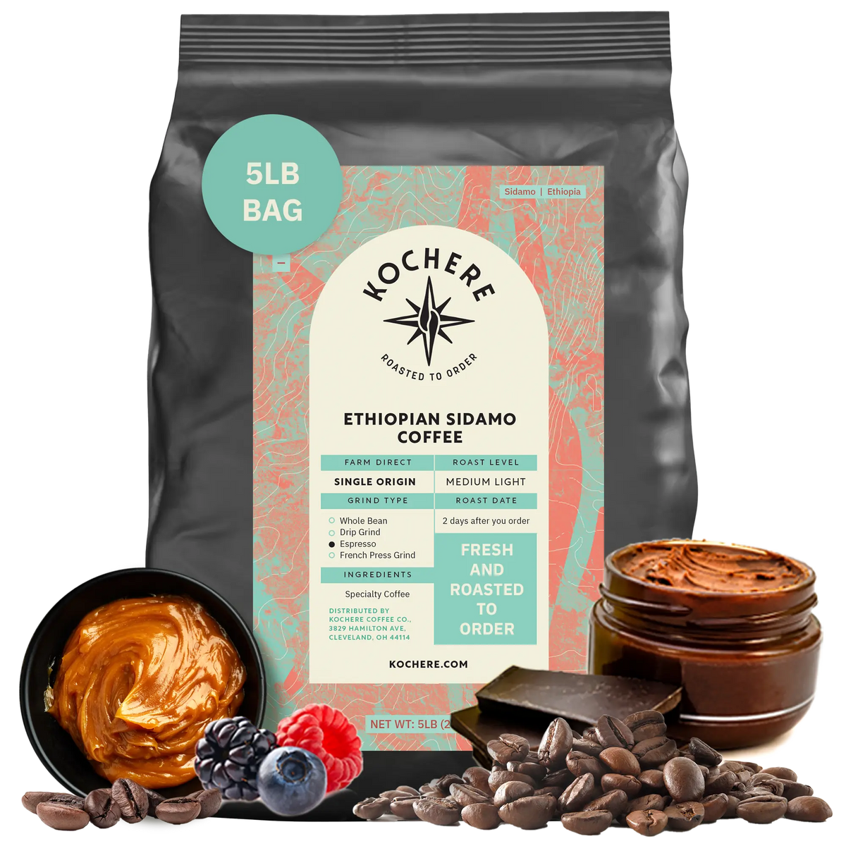 Bag of Kochere Single Origin Ethiopian Sidamo medium-light roast coffee, displayed with rich caramel, fresh berries, and dark chocolate to represent its decadent flavor profile. [5LB][Whole Bean]
