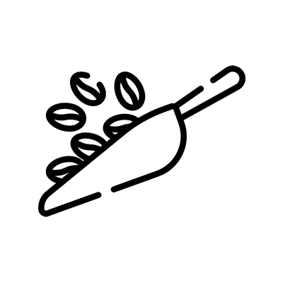 Black line drawing of a scoop holding several coffee beans, with some beans appearing to fall or spill from the scoop.