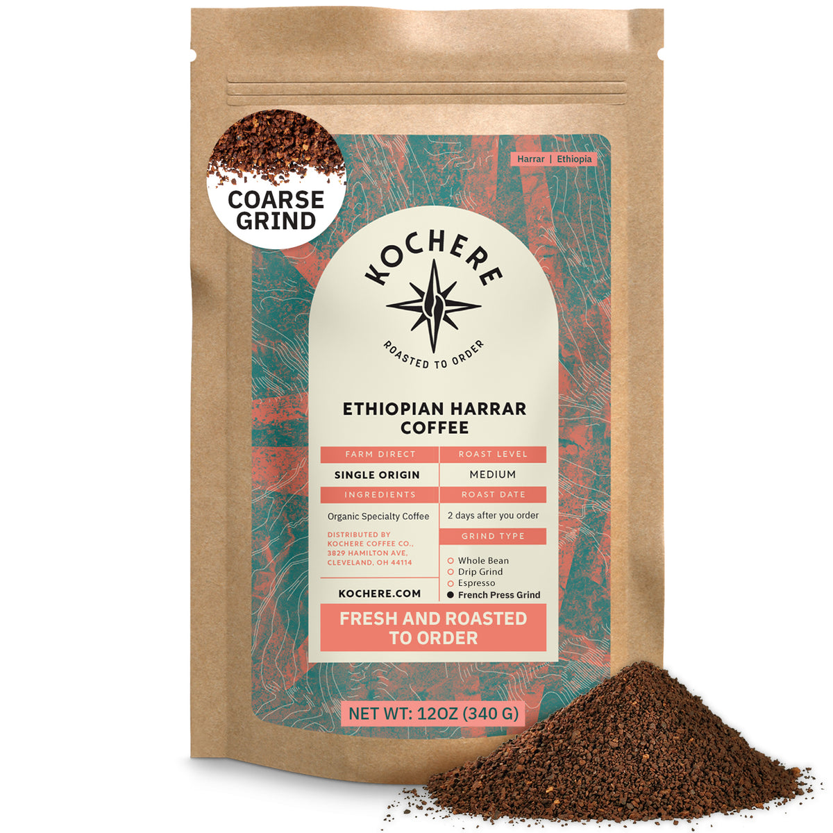 A 12oz bag of Kochere Coffee Company’s Ethiopian Harrar Natural Medium Roast, featuring fruity, berry, and dark chocolate notes, labeled coarse grind, stands upright with a small pile of ground coffee beside it.[12 oz][coarse grind]