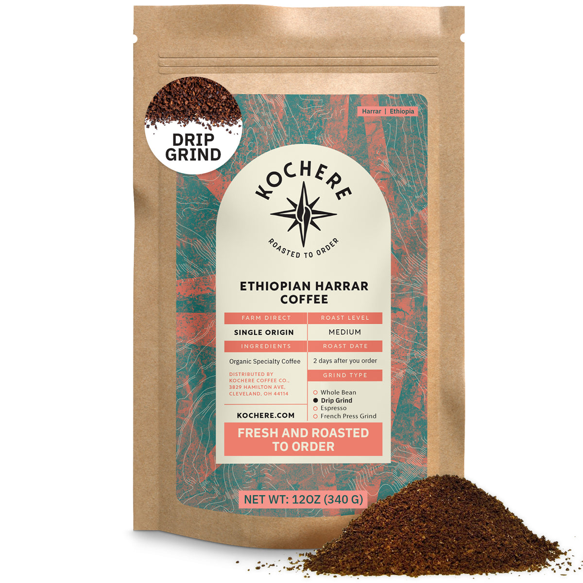 A 12oz bag of Kochere Coffee Ethiopian Harrar Natural Medium Roast by Kochere Coffee Company—single origin, drip ground, and featuring fruity, berry, and dark chocolate notes—with organic coffee beans beside the bag.[12 oz][drip grind]