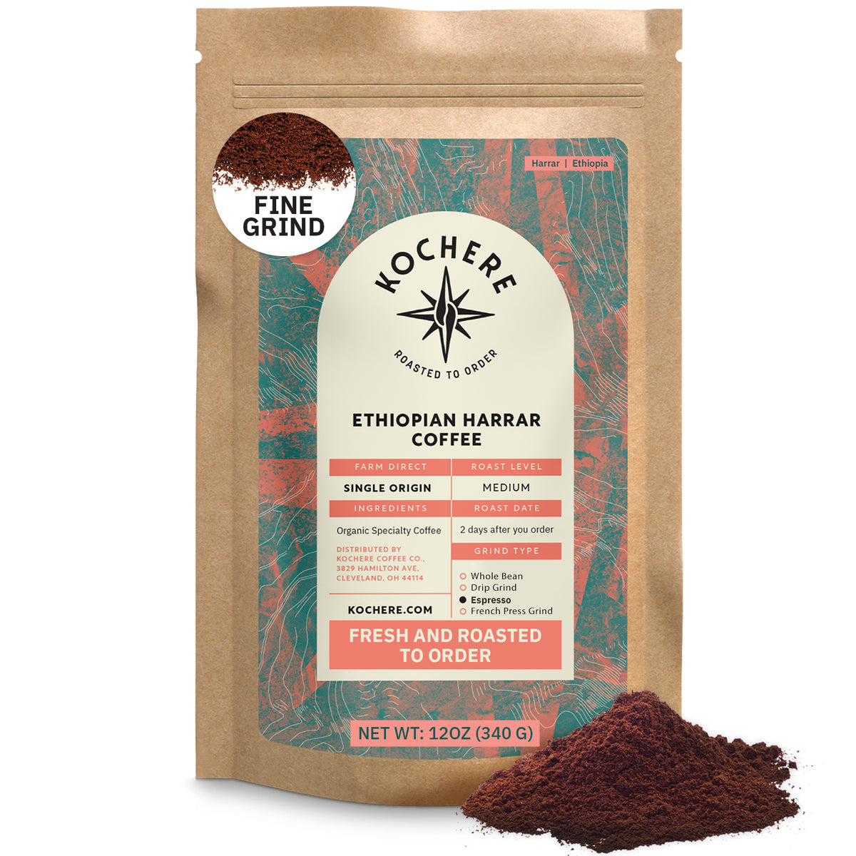 A 12oz bag of Kochere Coffee Company's Ethiopian Harrar Natural Medium Roast is shown, with fine ground coffee in front. The packaging highlights its fruity, berry, and dark chocolate notes along with product and origin details.[12 oz][fine grind]