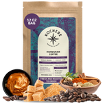Bag of Kochere Single Origin Honduran medium-dark roast coffee, displayed with sweet caramel, brown sugar, and rustic spices to represent its rich and comforting flavor profile. [12 oz][Whole Bean]