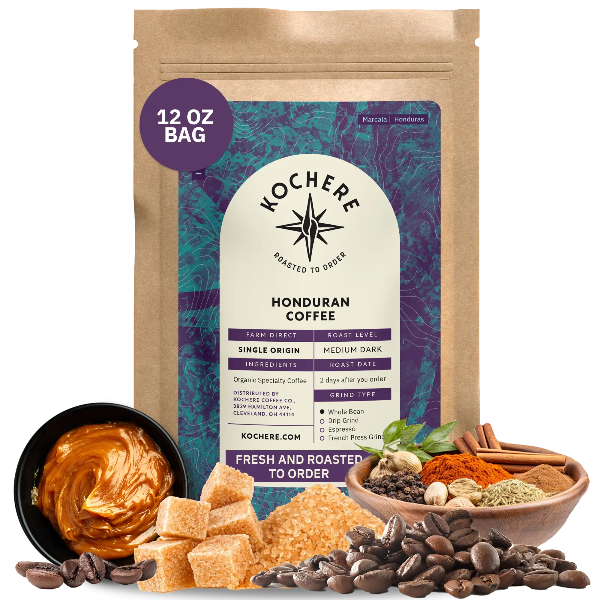 Bag of Kochere Single Origin Honduran medium-dark roast coffee, displayed with sweet caramel, brown sugar, and rustic spices to represent its rich and comforting flavor profile. [12 oz][Whole Bean]