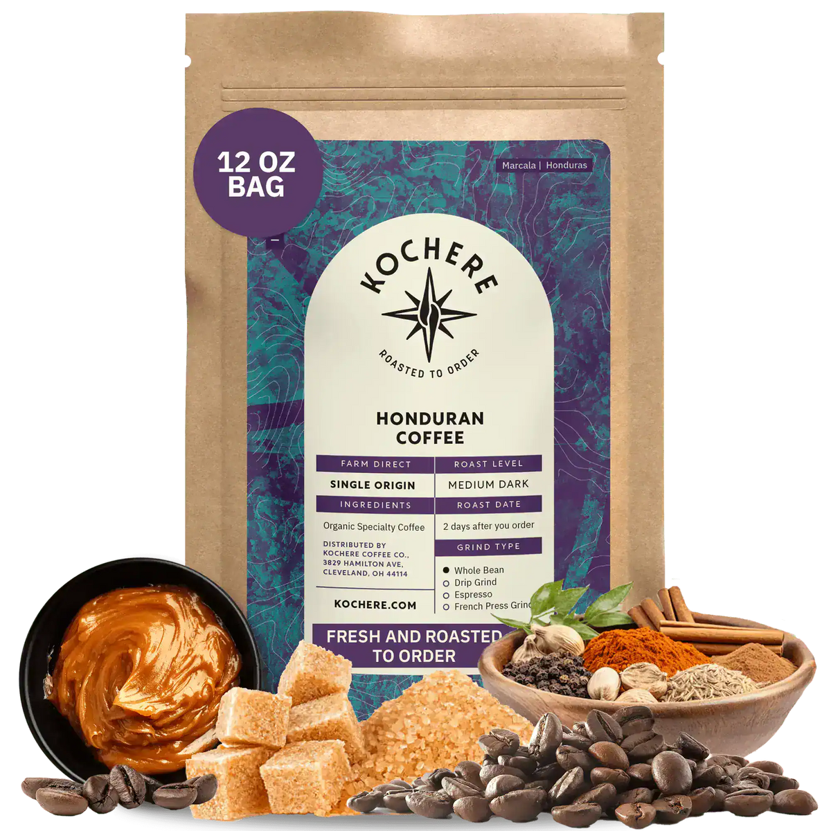 Bag of Kochere Single Origin Honduran medium-dark roast coffee, displayed with sweet caramel, brown sugar, and rustic spices to represent its rich and comforting flavor profile. [12 oz][Whole Bean]