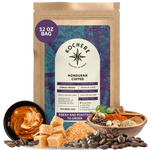 Bag of Kochere Single Origin Honduran medium-dark roast coffee, displayed with sweet caramel, brown sugar, and rustic spices to represent its rich and comforting flavor profile. [12 oz][Whole Bean]