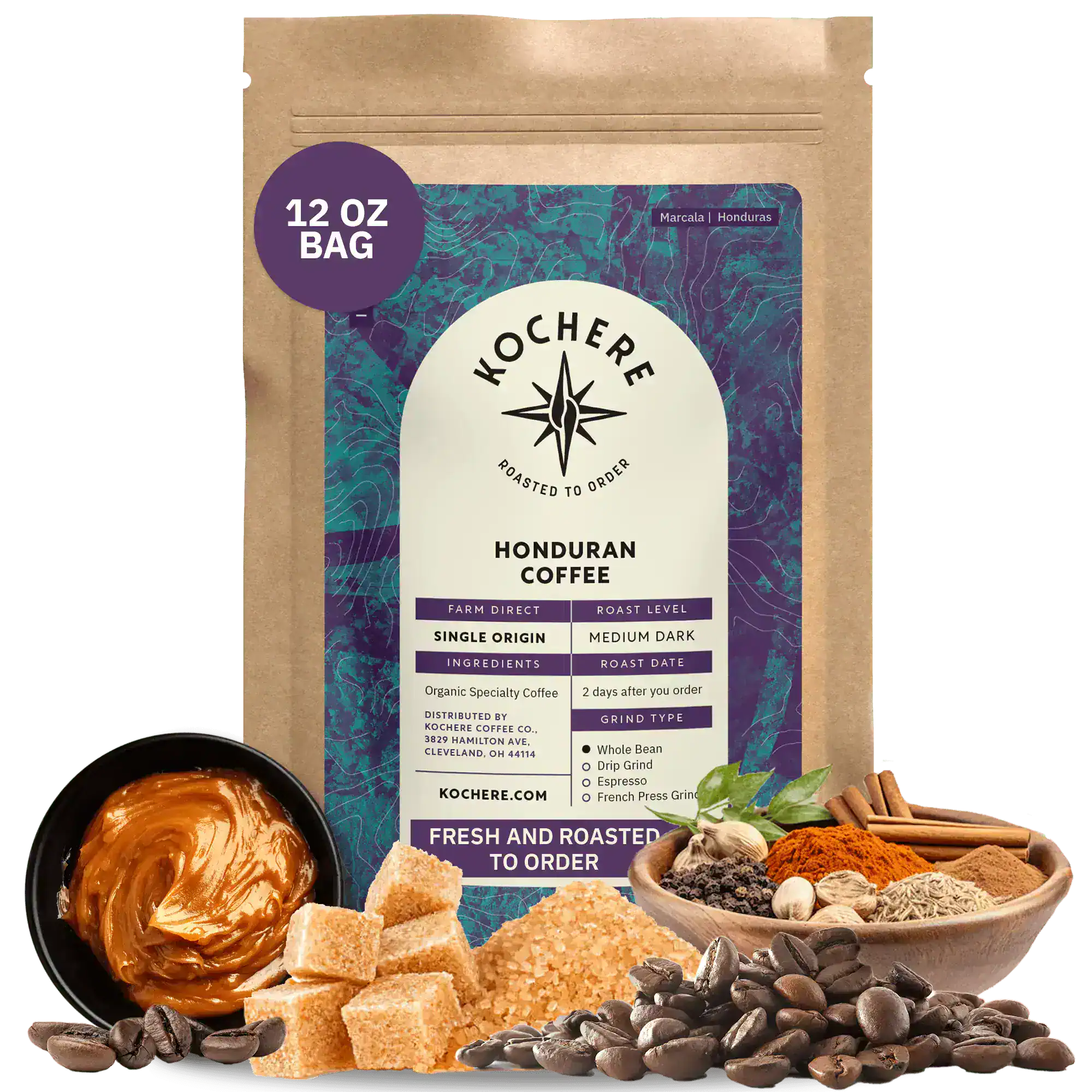 Bag of Kochere Single Origin Honduran medium-dark roast coffee, displayed with sweet caramel, brown sugar, and rustic spices to represent its rich and comforting flavor profile. [12 oz][Whole Bean]
