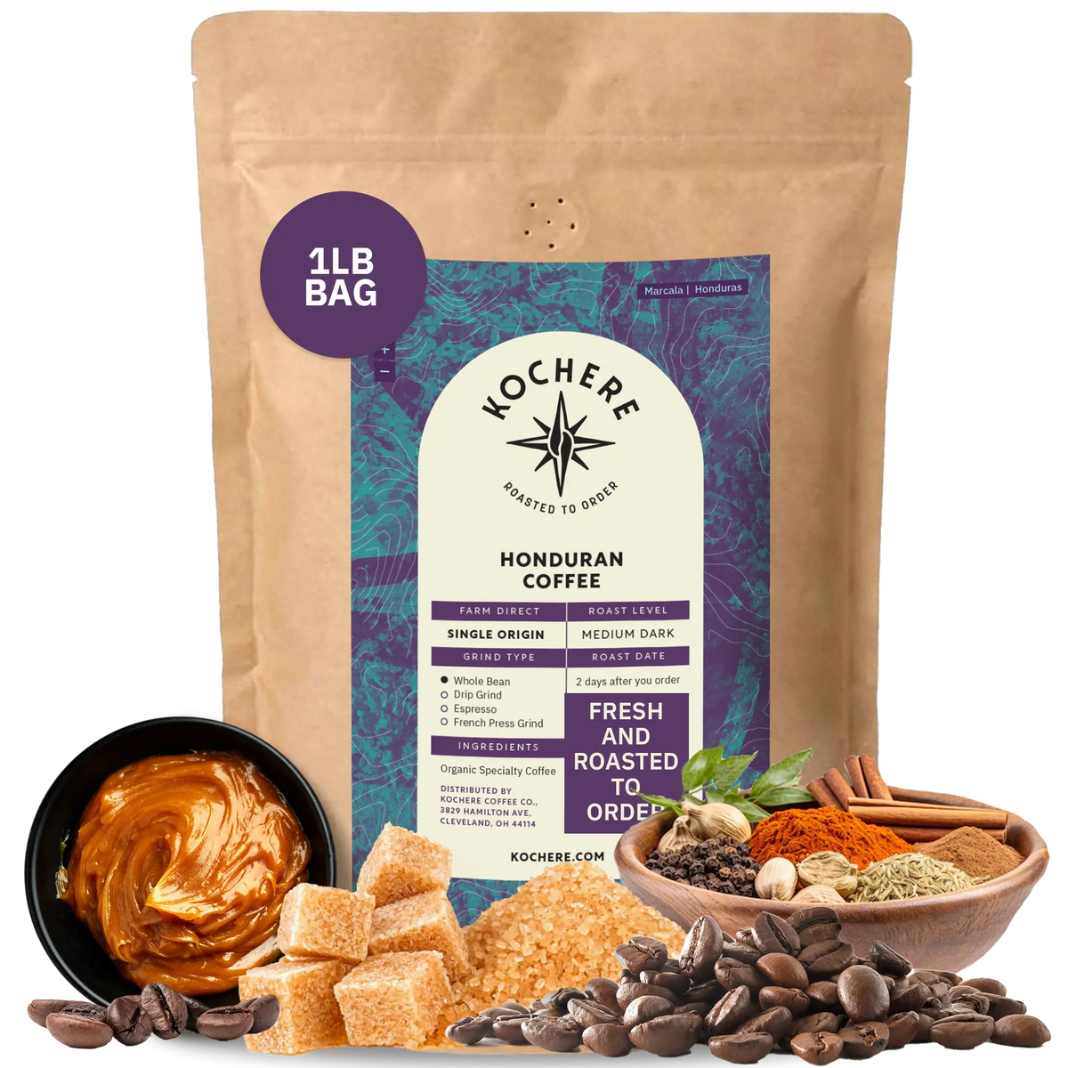 Bag of Kochere Single Origin Honduran medium-dark roast coffee, displayed with sweet caramel, brown sugar, and rustic spices to represent its rich and comforting flavor profile. [1LB][Whole Bean]