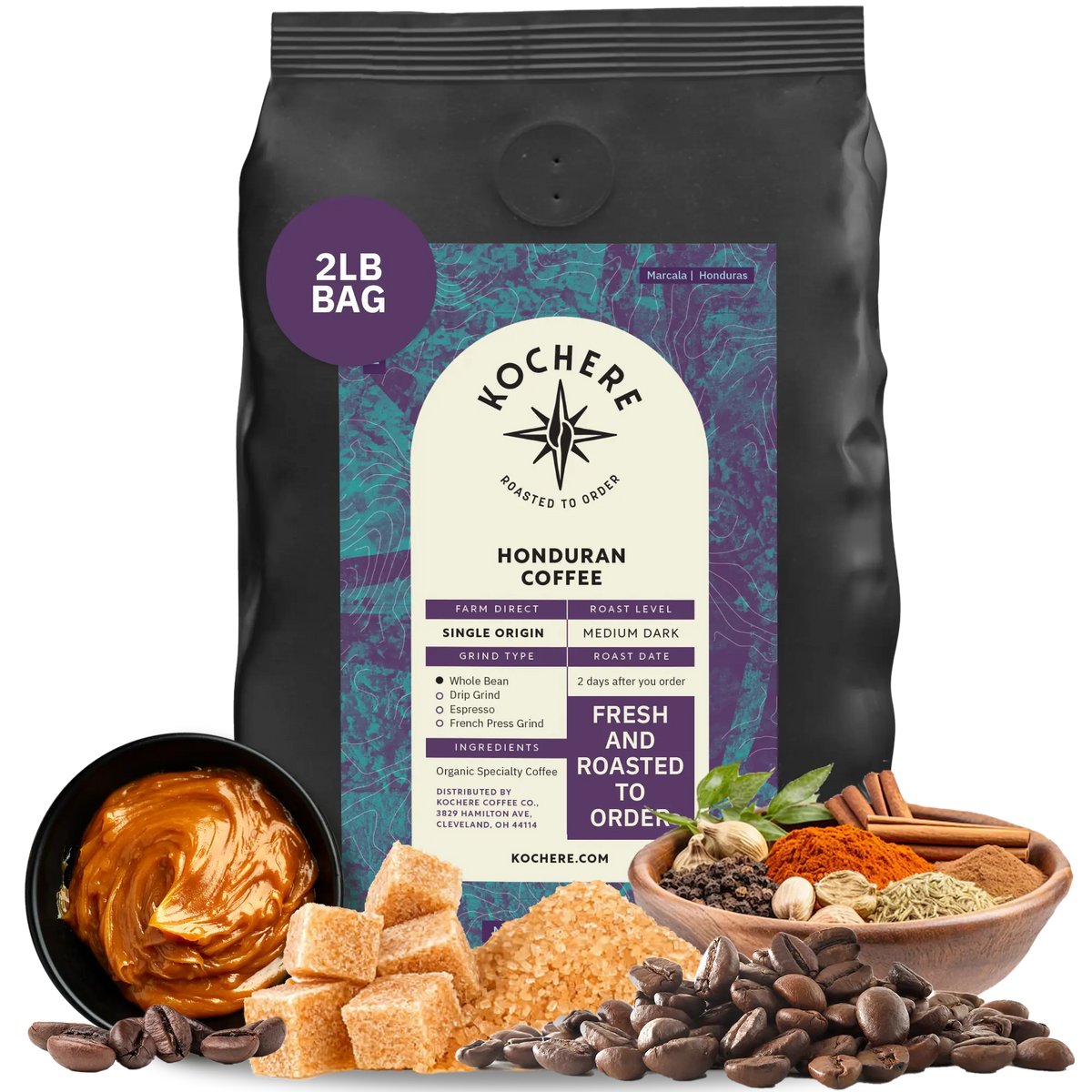Bag of Kochere Single Origin Honduran medium-dark roast coffee, displayed with sweet caramel, brown sugar, and rustic spices to represent its rich and comforting flavor profile. [2LB][Whole Bean]