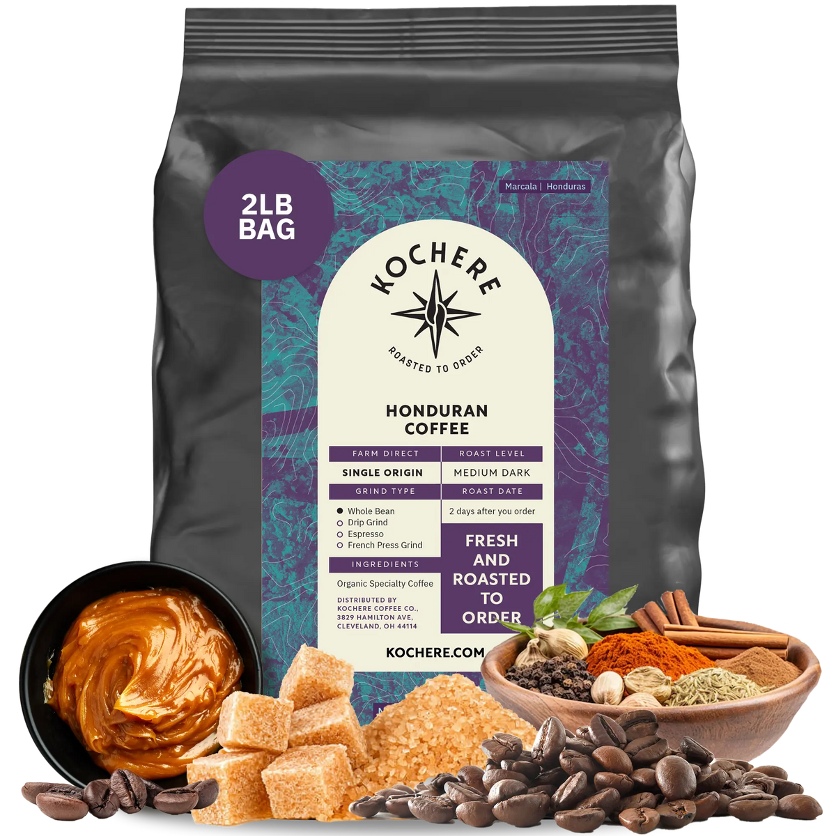 Bag of Kochere Single Origin Honduran medium-dark roast coffee, displayed with sweet caramel, brown sugar, and rustic spices to represent its rich and comforting flavor profile. [5LB][Whole Bean]
