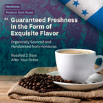 Ad for Honduran Medium Dark Roast coffee featuring the national flag, alongside a white coffee cup and dark roasted beans sitting on burlap over a wooden table. [all]