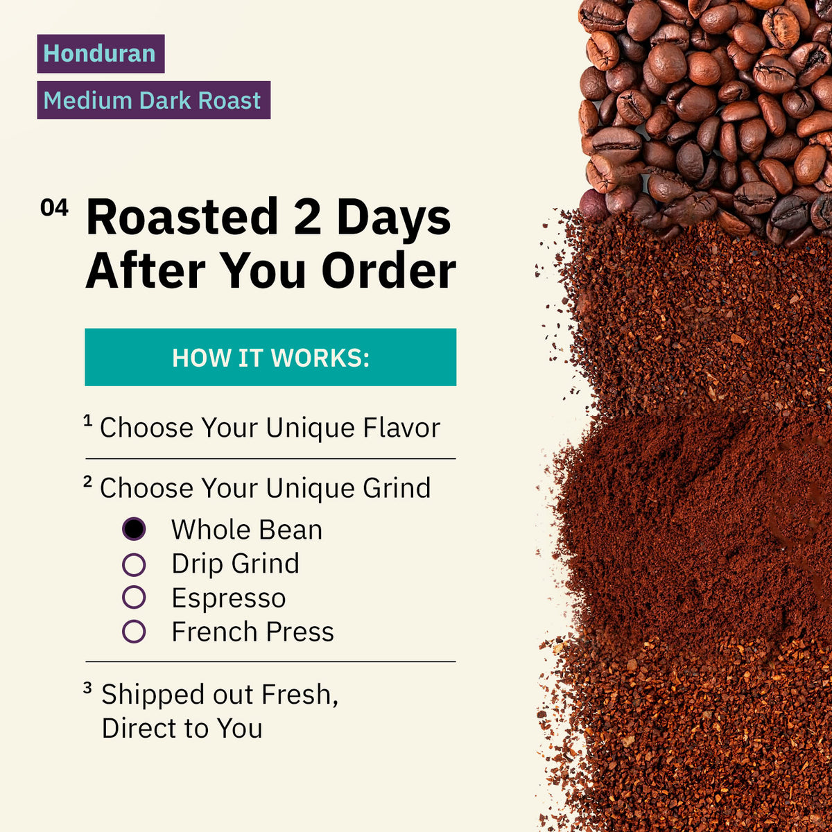 Ad for Honduran Medium Dark Roast coffee featuring the national flag, alongside a white coffee cup and dark roasted beans sitting on burlap over a wooden table. [all]